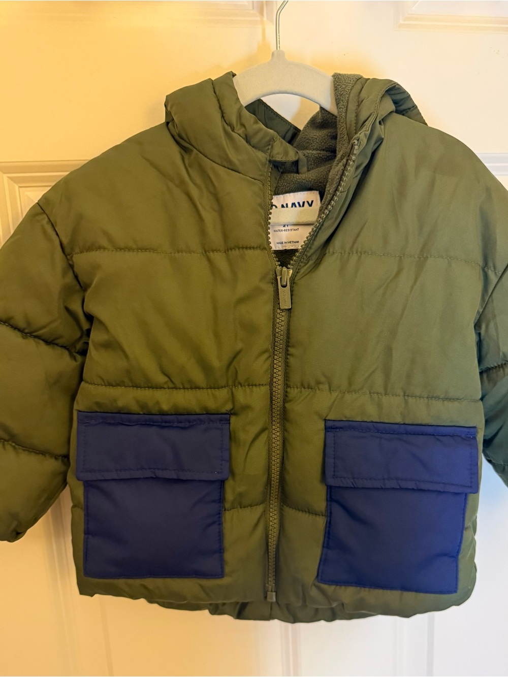 Old Navy Olive Green Puffer Jacket with Navy Pocket Panels - Kids